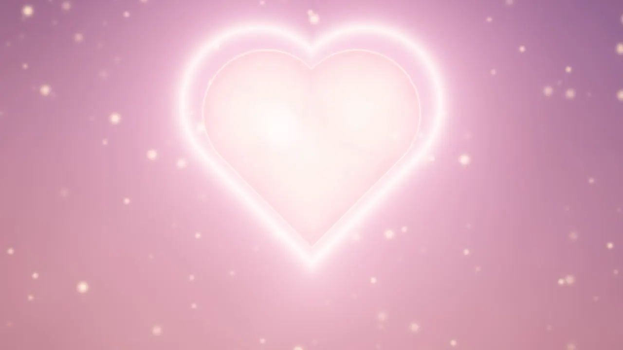 A frosted-glass heart of blush light with a glowing rim in a pink haze of gold dust