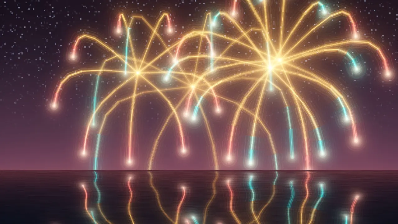 Palm-shell fireworks over the sea with drooping gold fronds