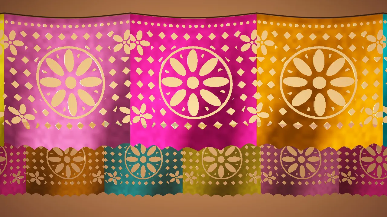 A sheet of cut papel picado tissue paper, backlit in bright colours