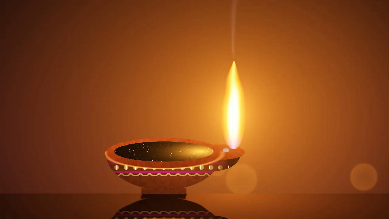 A single clay diya lamp with a bright flame and a thread of smoke