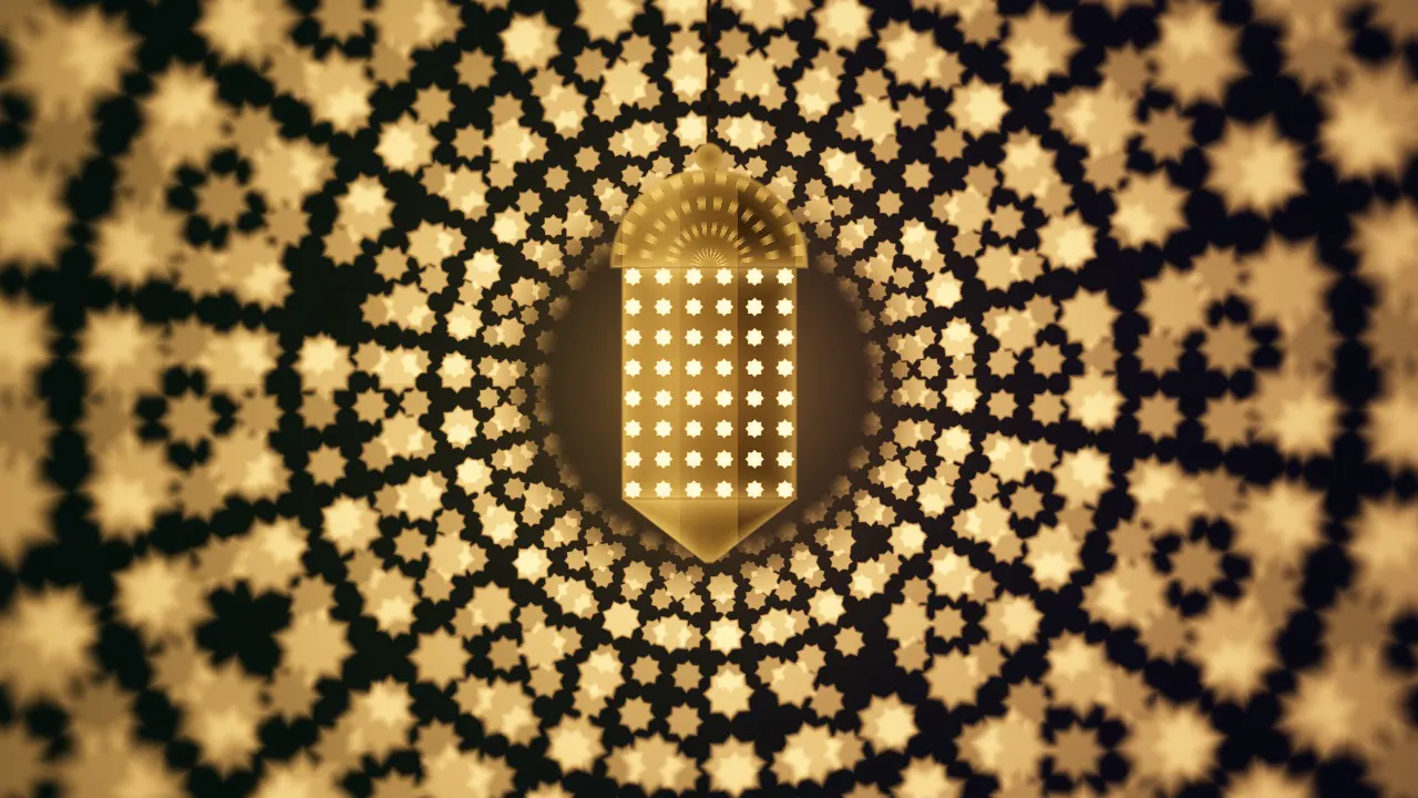 A brass lantern pierced with star holes throwing star flecks across the walls