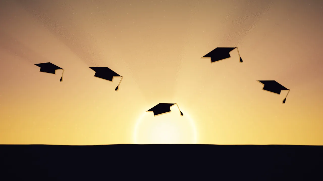 Graduation cap silhouettes hanging mid-air against a huge gold sunset