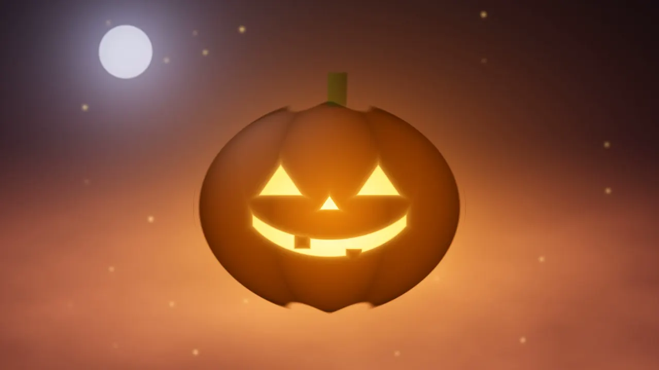A carved jack-o'-lantern glowing orange on a misty violet night