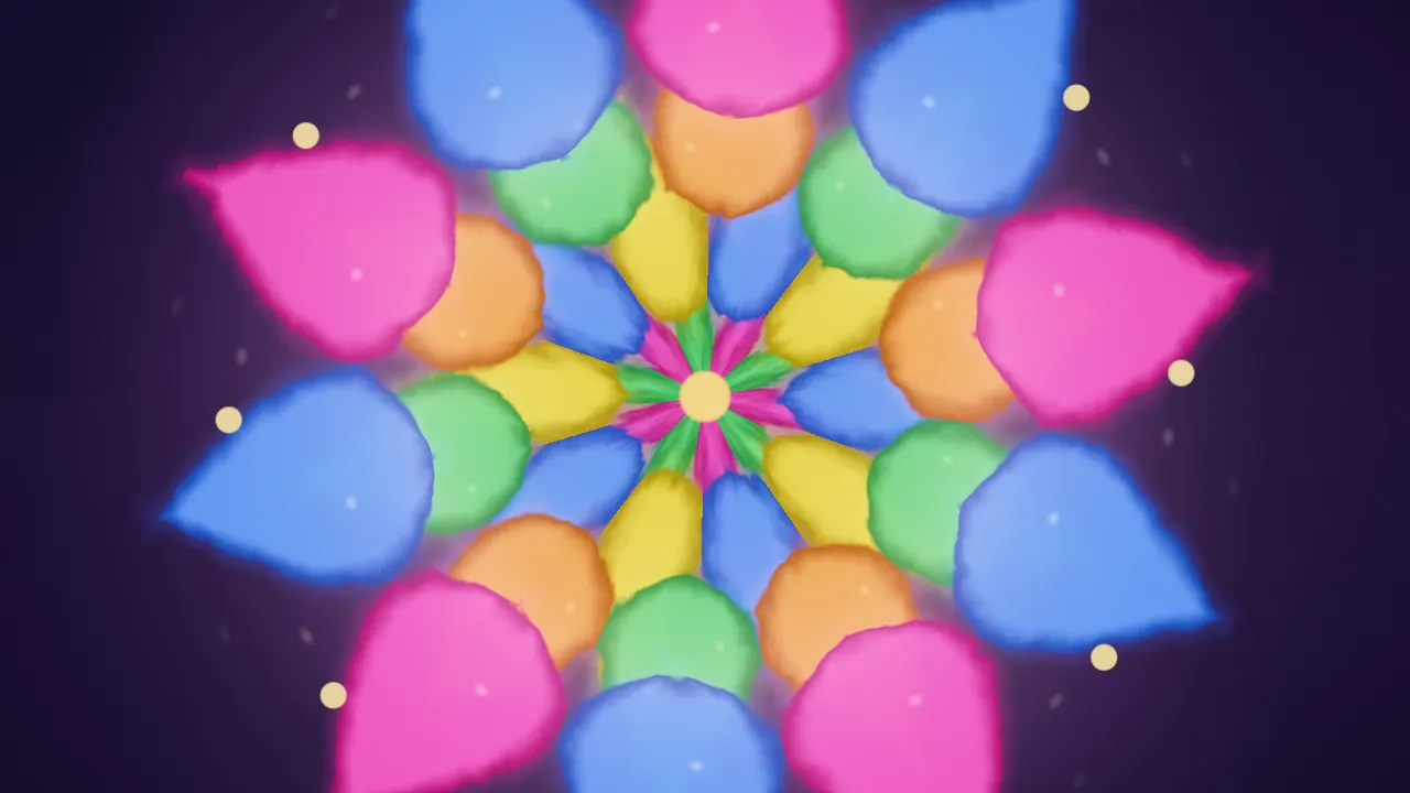 A kaleidoscope of dusty powder petals in magenta, blue, green, yellow and orange on deep indigo