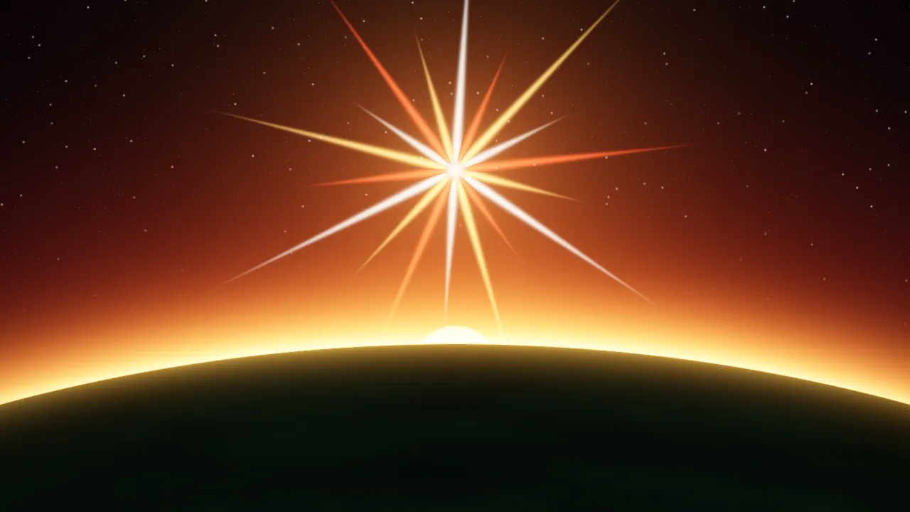 A curved horizon at first light with a white star rising in a slow burst