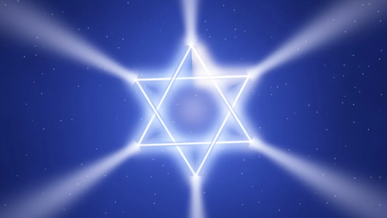 A Star of David drawn in fine silver light with gold beads at the points