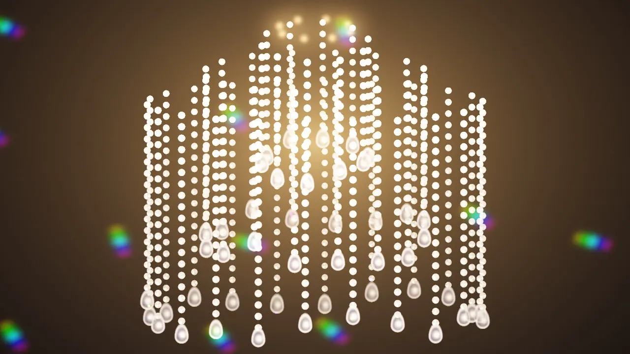 Looking up into three tiers of cut-crystal chandelier strands