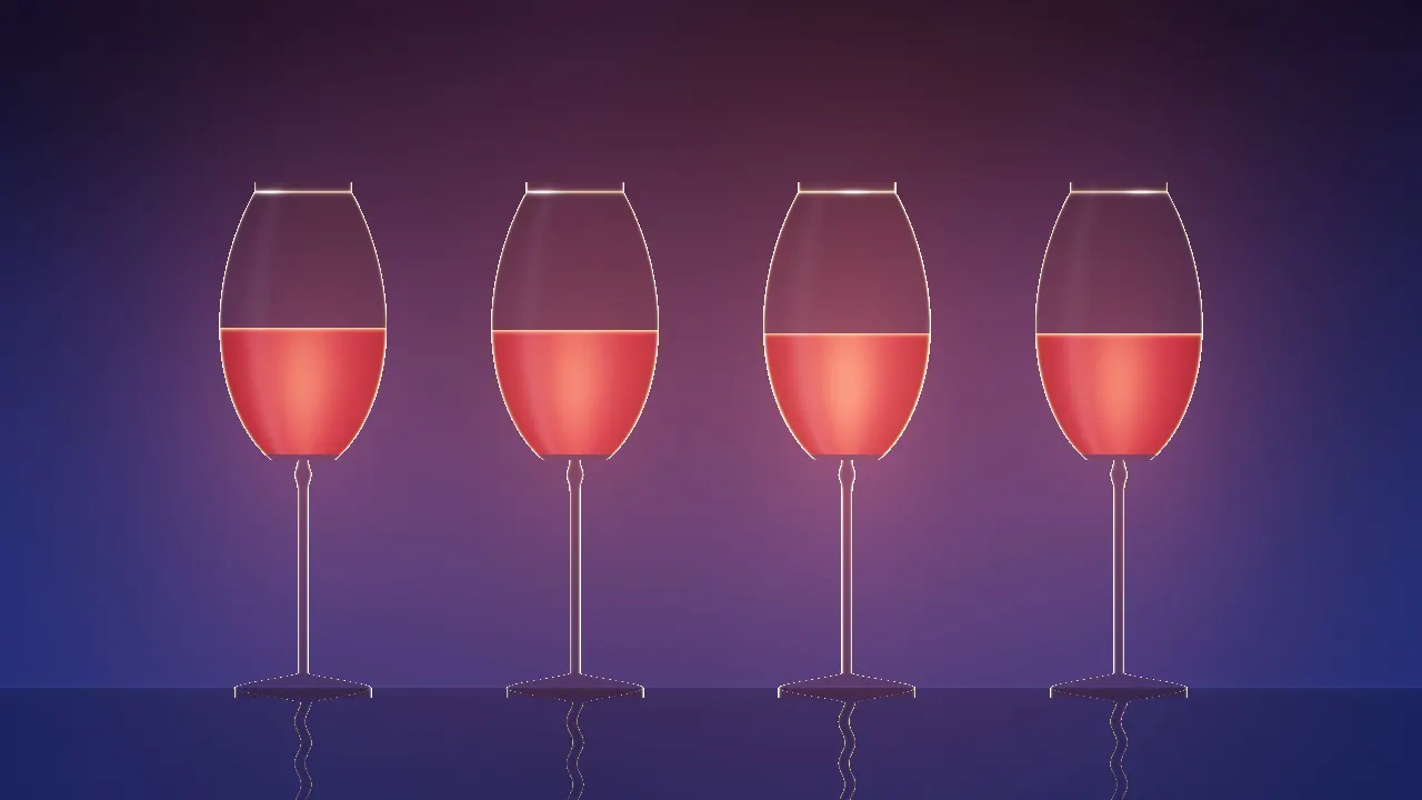 Four glasses of red wine standing in a row on deep blue, glowing from a light behind them
