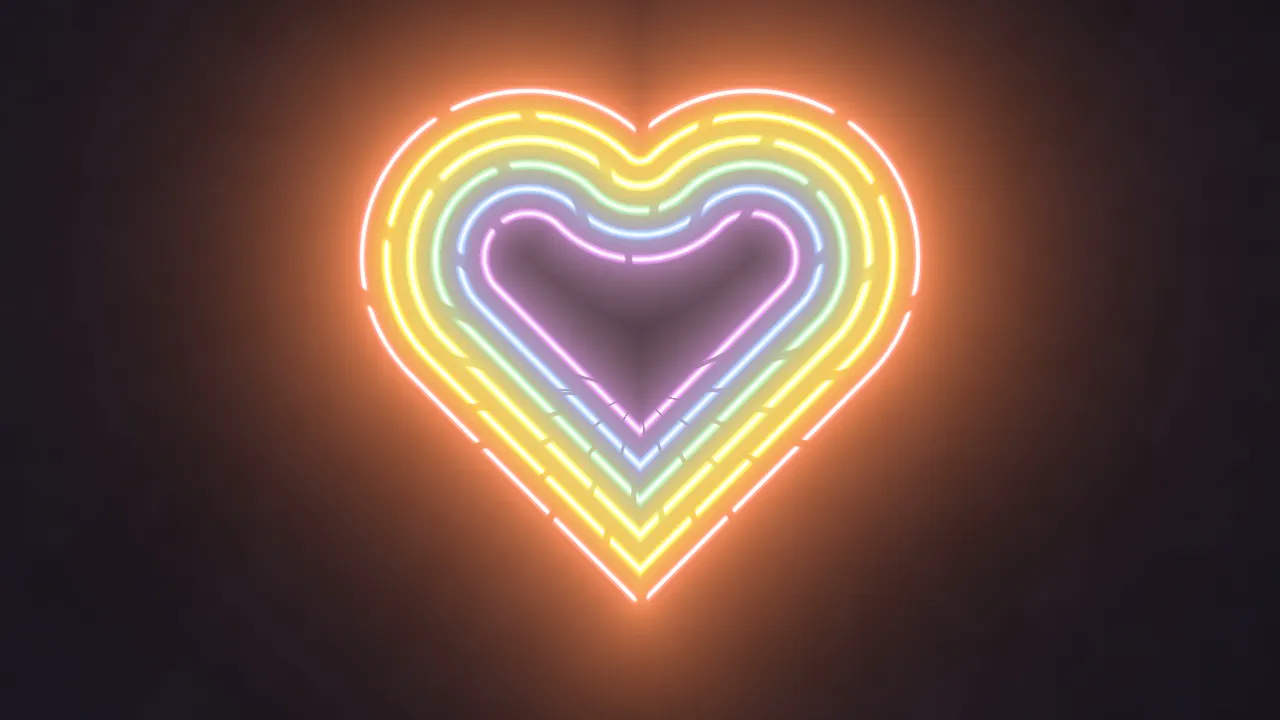 Six nested neon hearts glowing from red outside to violet inside
