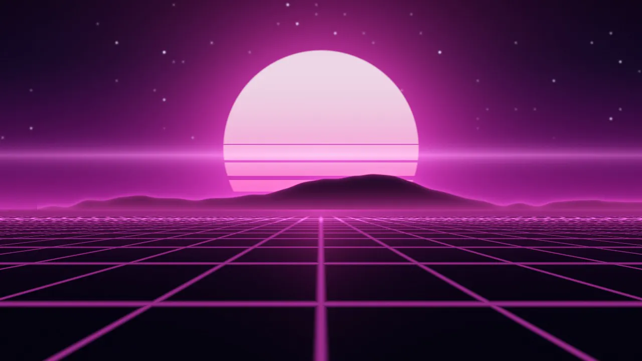 A retro neon grid running toward a glowing sun on the horizon