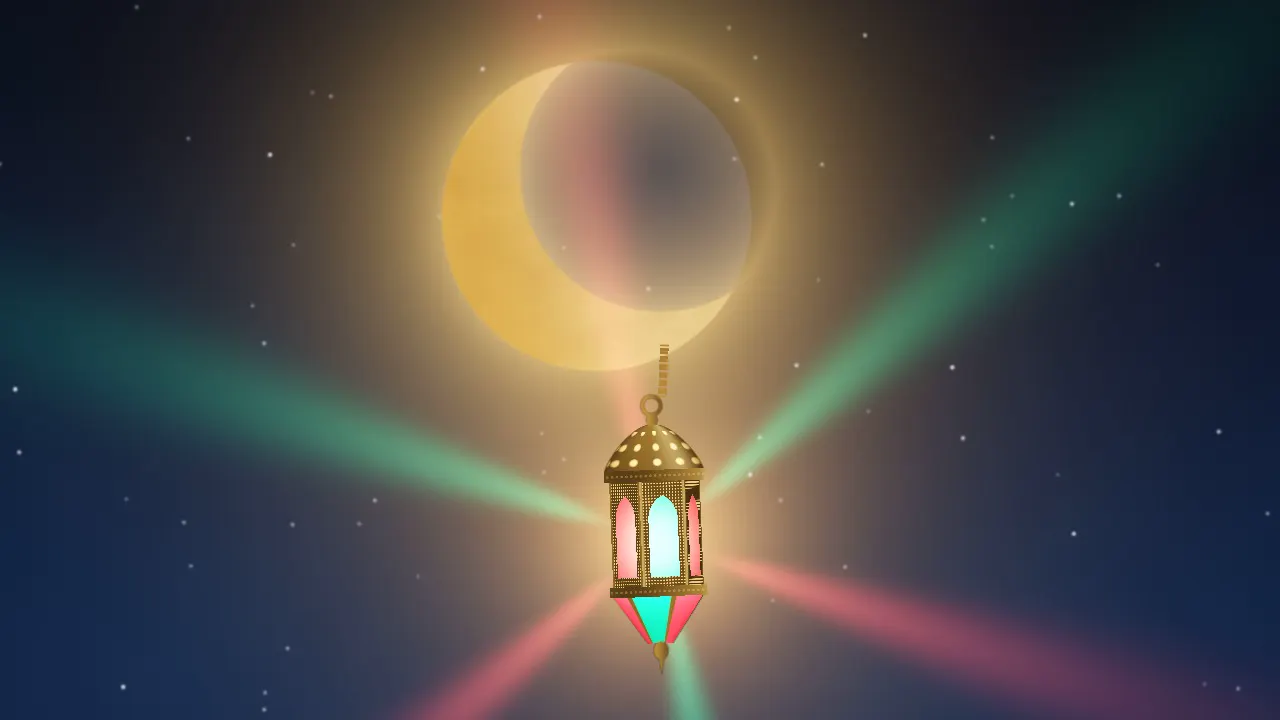 A brass fanous lantern hanging on a chain from the horn of a great gold crescent, throwing coloured rays into a starry sky