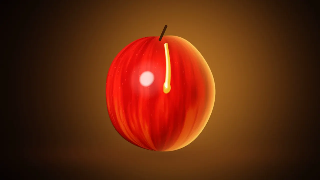 A glossy red apple turning slowly with a honey drip running from the stem