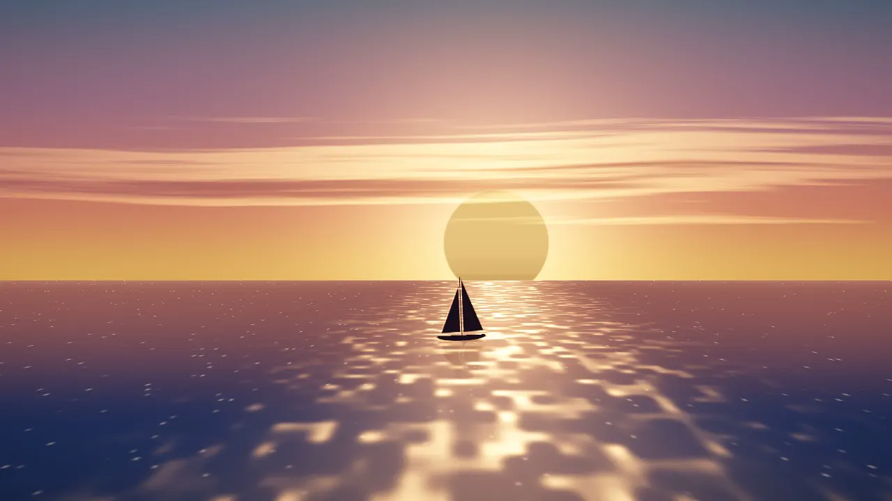 A coral sun low over a calm sea with one small sail on the glitter path