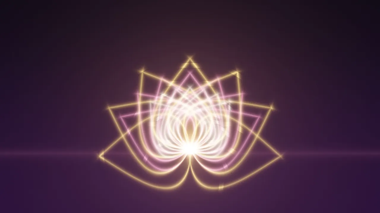 A lotus drawn in glowing pink and gold lines of light opening on a deep violet background