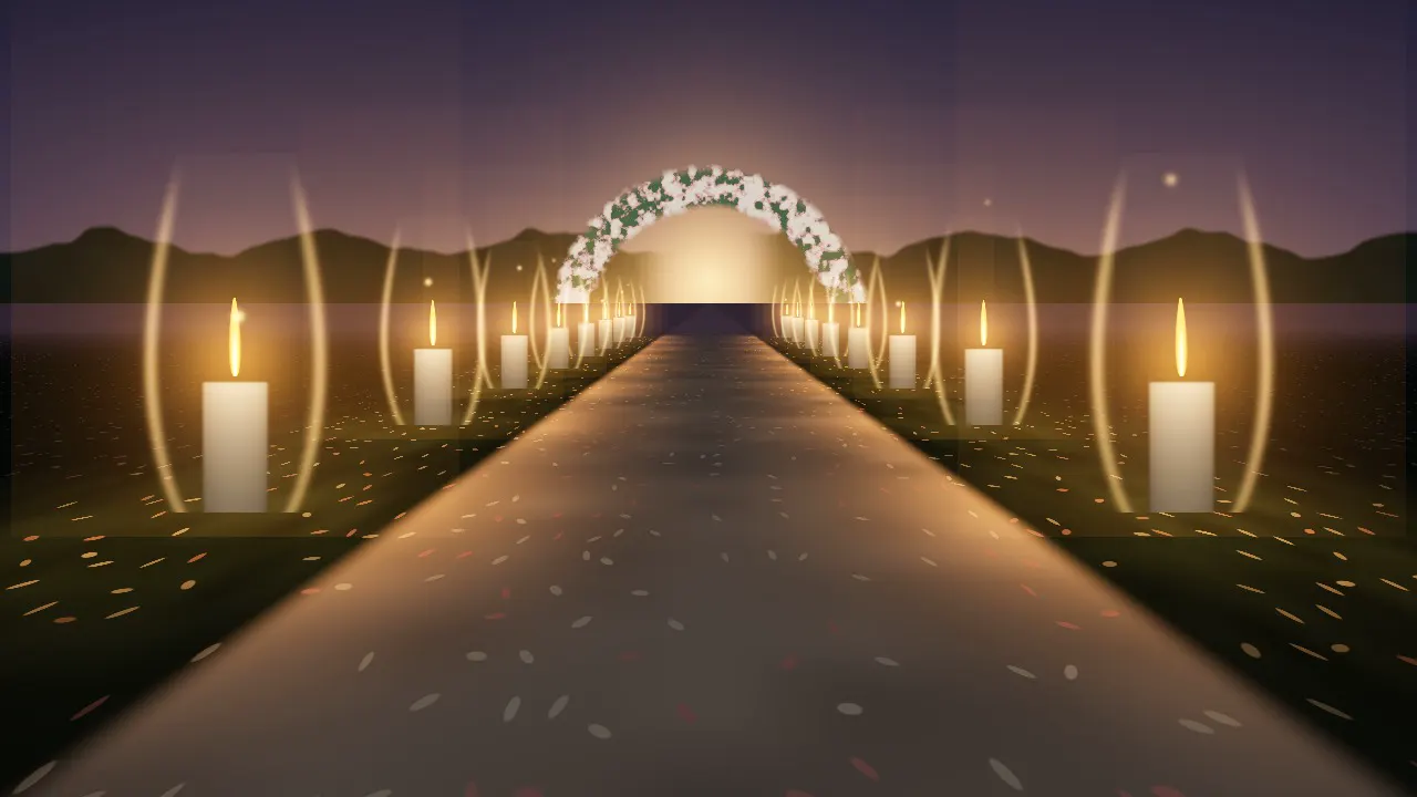 Two lines of tall glass candles down a white-petal aisle to a floral arch