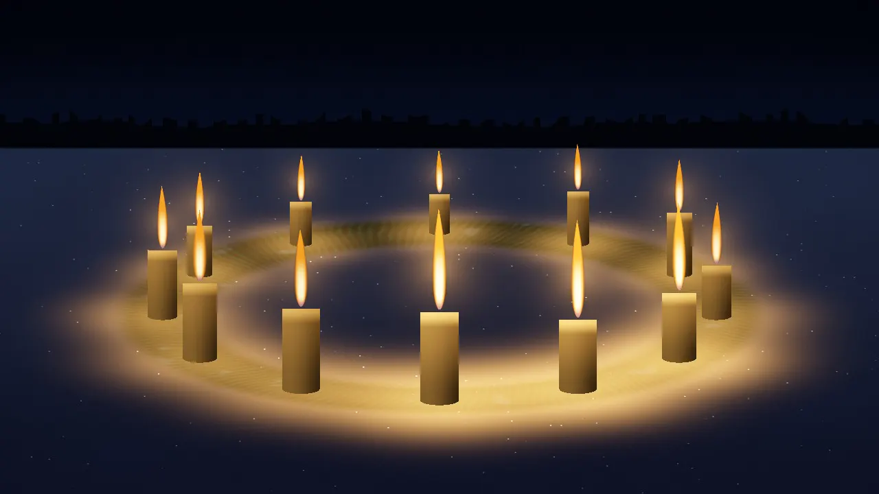 Twelve beeswax pillar candles in a ring of fir on snow, glowing gold in the blue dark