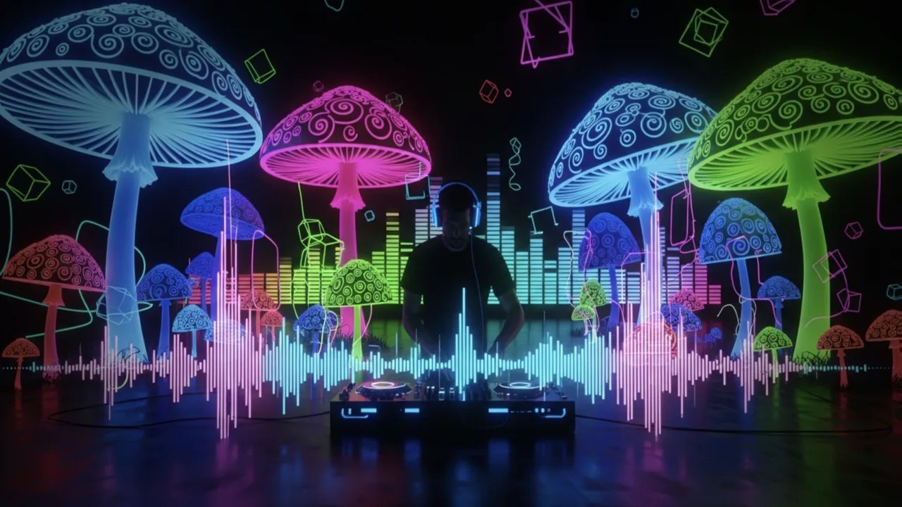 An AI image visual: a DJ at the decks among glowing neon mushrooms, with the waveform of the music in front