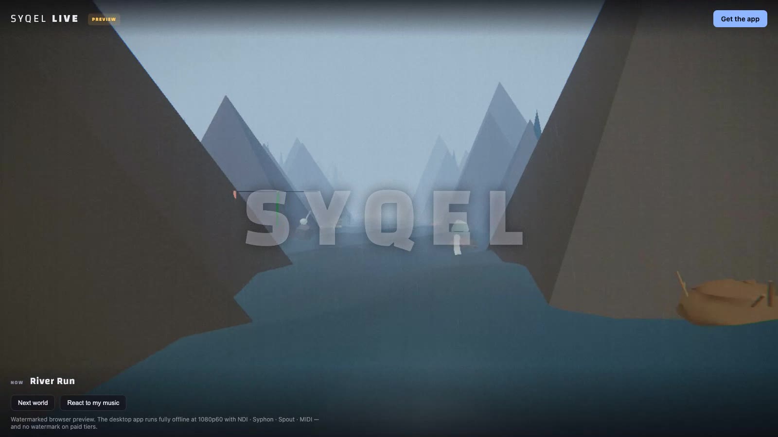 The SYQEL Live browser preview rendering the River Run world