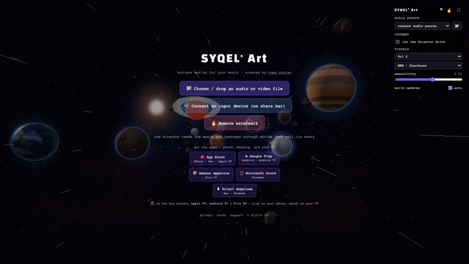 SYQEL Art — the player with a spatial world behind the journey controls