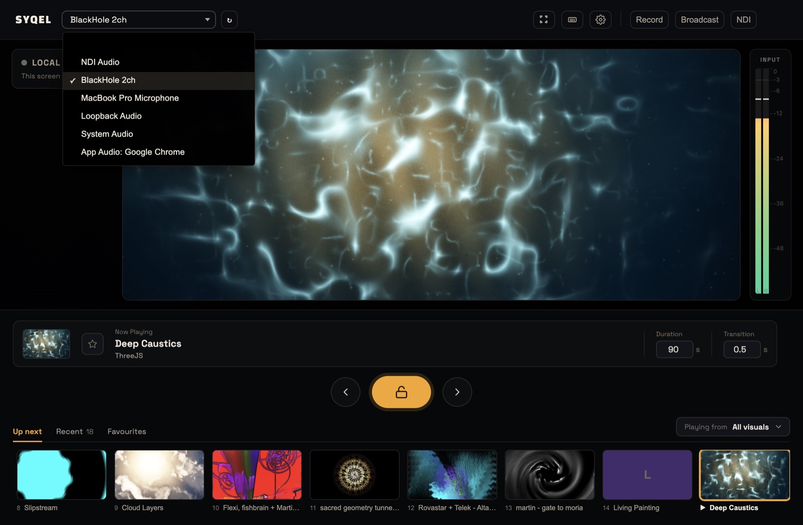 The audio source list open in the top bar, with System Audio and App Audio entries