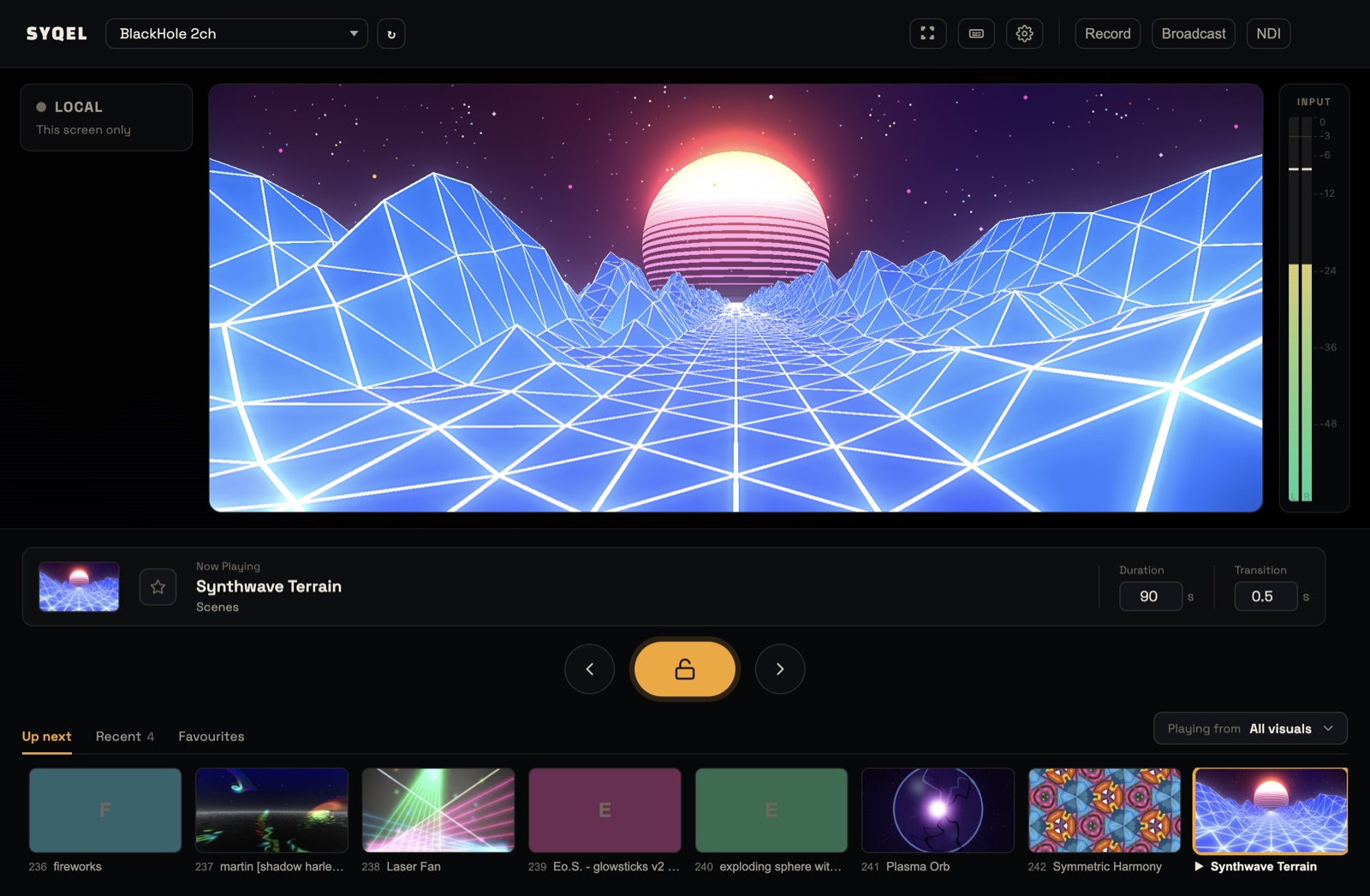 The SYQEL Desktop main screen with the top bar, the stage, the Input meter lit by music, the Now Playing panel and the Up next strip